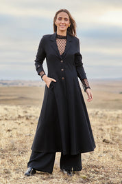 Model Tegan wearing size 10 of the Meet Me At Midnight Longline Ponte Coat in colour Black (Black), from the front, showing the whole outfit