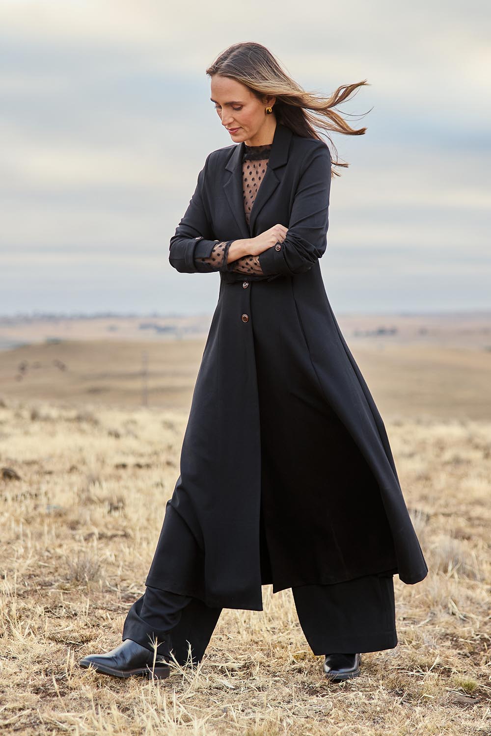 Model Tegan wearing size 10 of the Meet Me At Midnight Longline Ponte Coat in colour Black (Black), from the front, showing the whole outfit