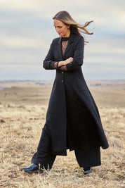 Model Tegan wearing size 10 of the Meet Me At Midnight Longline Ponte Coat in colour Black (Black), from the front, showing the whole outfit