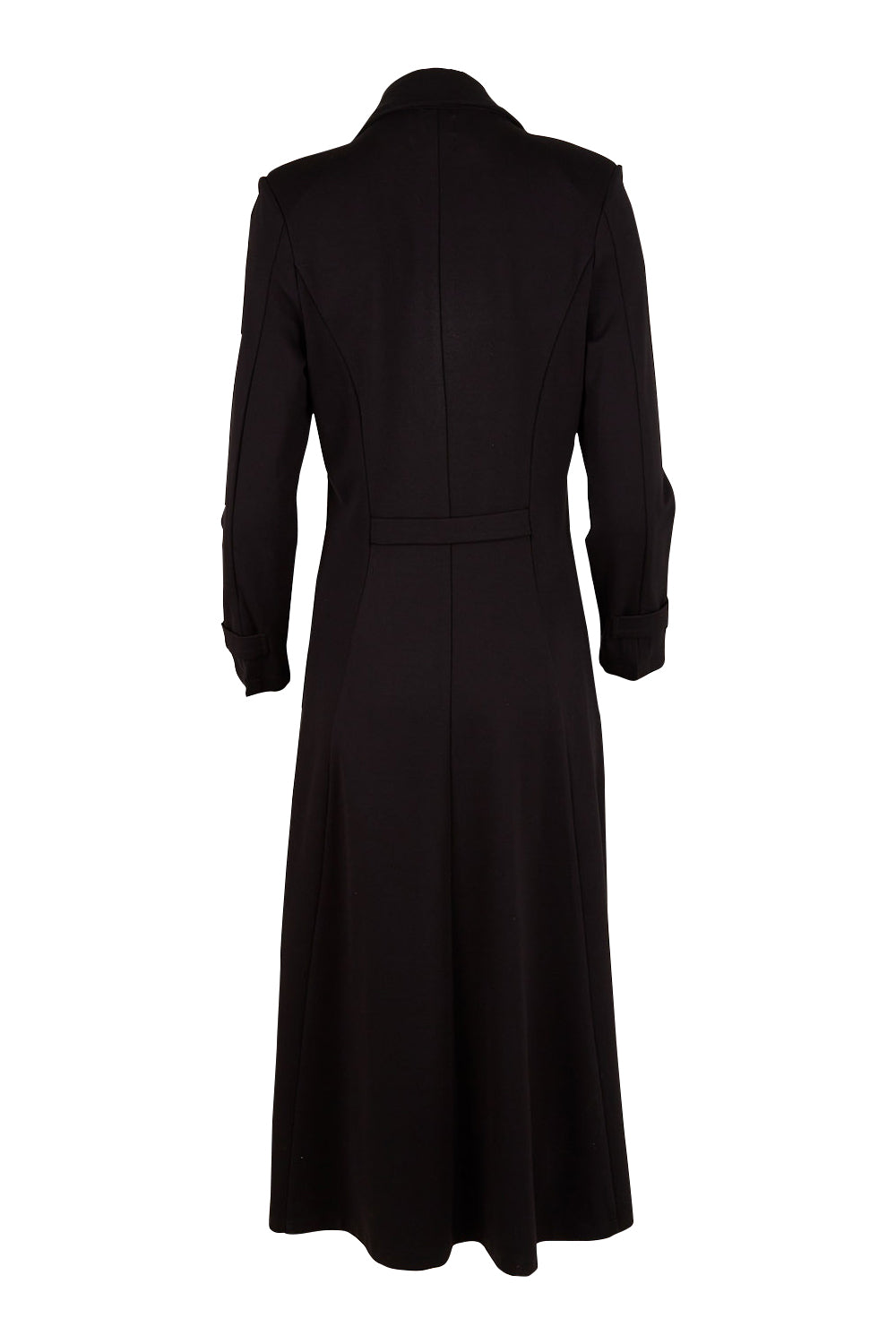 Product shot of the Meet Me At Midnight Longline Ponte Coat in colour Black (Black), from the back