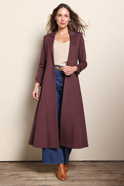 Model Madelinec wearing size 10 of the Meet Me At Midnight Longline Ponte Coat - Chocolate in colour Chocolate, from the front