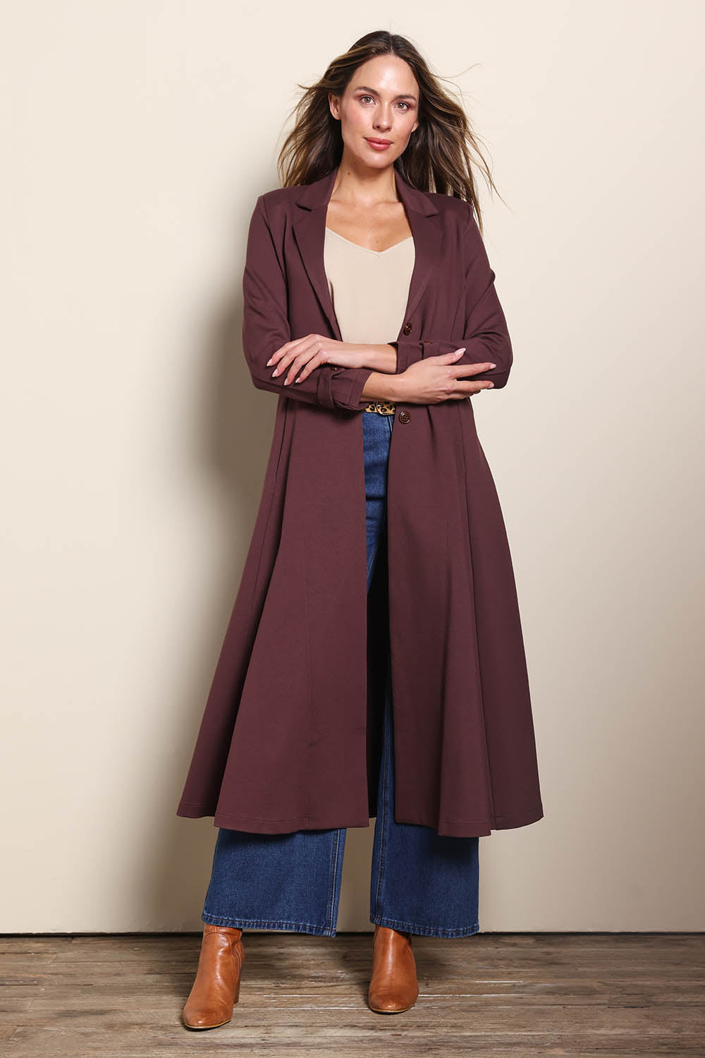 Model Madelinec wearing size 10 of the Meet Me At Midnight Longline Ponte Coat - Chocolate in colour Chocolate, from the front