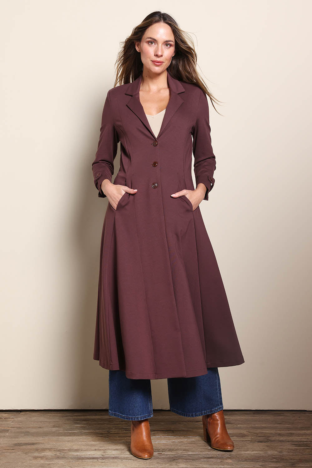 Model Madelinec wearing size 10 of the Meet Me At Midnight Longline Ponte Coat - Chocolate in colour Chocolate, from the front