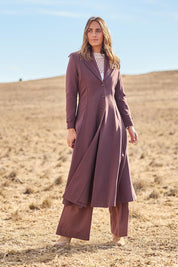 Model Tegan wearing size 10 of the Meet Me At Midnight Longline Ponte Coat in colour Chocolate, from the front, showing the whole outfit