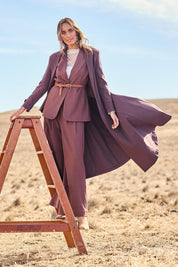 Model Tegan wearing size 10 of the Meet Me At Midnight Longline Ponte Coat in colour Chocolate, from the front, showing the whole outfit
