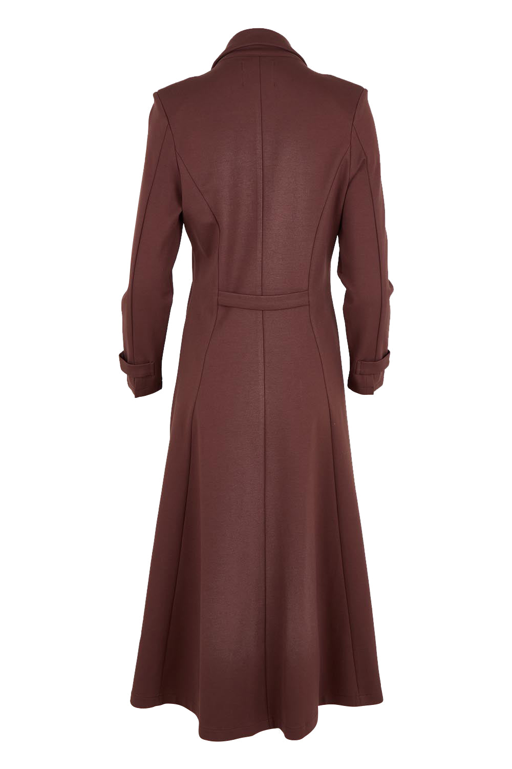 Product shot of the Meet Me At Midnight Longline Ponte Coat in colour Chocolate, from the back
