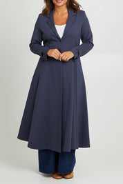 Model Monique wearing size 14 of the Meet Me At Midnight Longline Ponte Coat in colour Frenchblue (Blue), from the front, cropped image