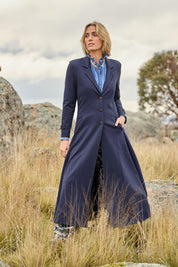 Model Tegan wearing size 10 of the Meet Me At Midnight Longline Ponte Coat in colour Frenchblue (Blue), from the front, showing the whole outfit