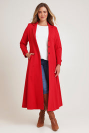 Model Chanel wearing size 16 of the Meet Me At Midnight Longline Ponte Coat in colour Red (Red), from the front, showing the whole outfit