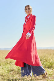 Model Tegan wearing size 10 of the Meet Me At Midnight Longline Ponte Coat in colour Red (Red), from the front, showing the whole outfit