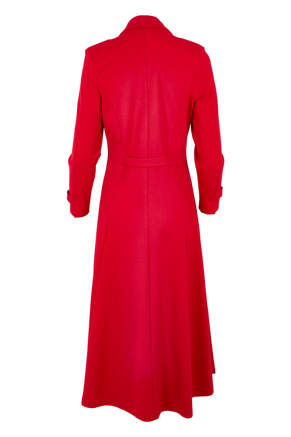 Product shot of the Meet Me At Midnight Longline Ponte Coat in colour Red (Red), from the back