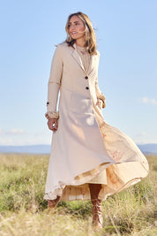 Model Tegan wearing size 10 of the Meet Me At Midnight Longline Ponte Coat in colour Sand, from the front, showing the whole outfit