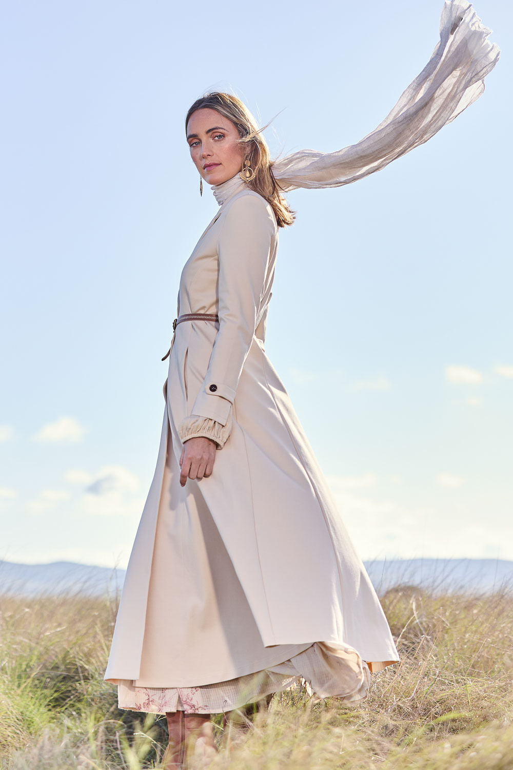 Model Tegan wearing size 10 of the Meet Me At Midnight Longline Ponte Coat in colour Sand, from the front, showing the whole outfit