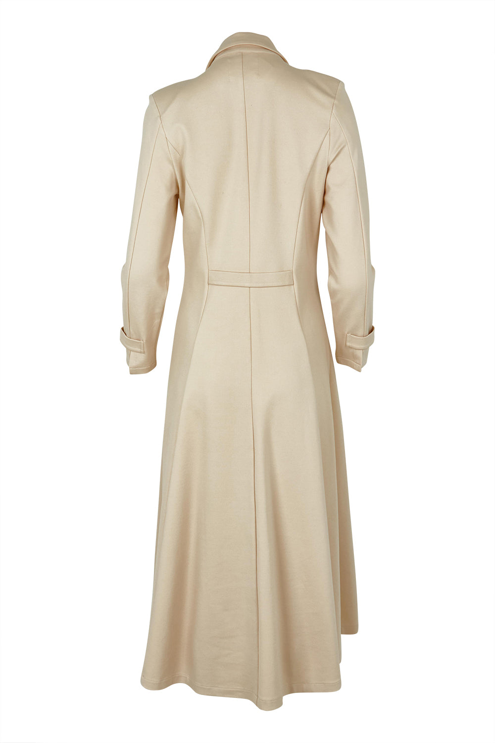 Product shot of the Meet Me At Midnight Longline Ponte Coat in colour Sand, from the back