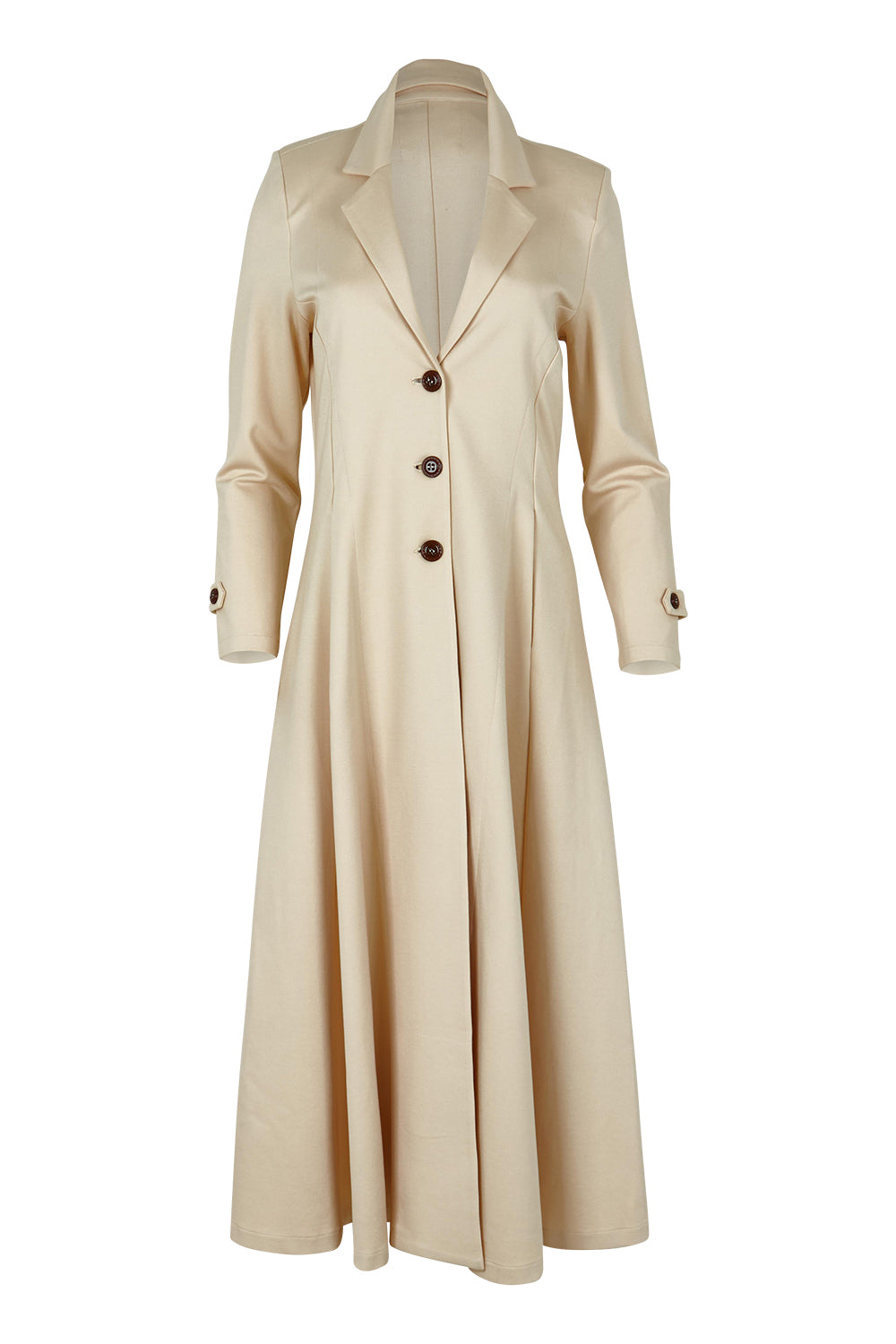 Product shot of the Meet Me At Midnight Longline Ponte Coat in colour Sand, from the front