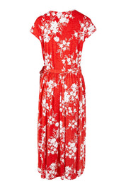 Product shot of the Feels Like Summer Wrap Dress in colour Tomato (Red), from the back