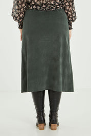Model Jess wearing size 14 of the Smooth Lines Stretch Cord Skirt in colour Khaki (Green), from the back