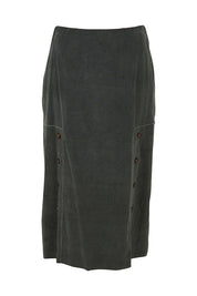 Product shot of the Smooth Lines Stretch Cord Skirt in colour Khaki (Green), from the front