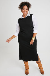 Model Alexis wearing size 16 of the Ready For Anything Tank Dress in colour Black (Black), from the front, showing the whole outfit