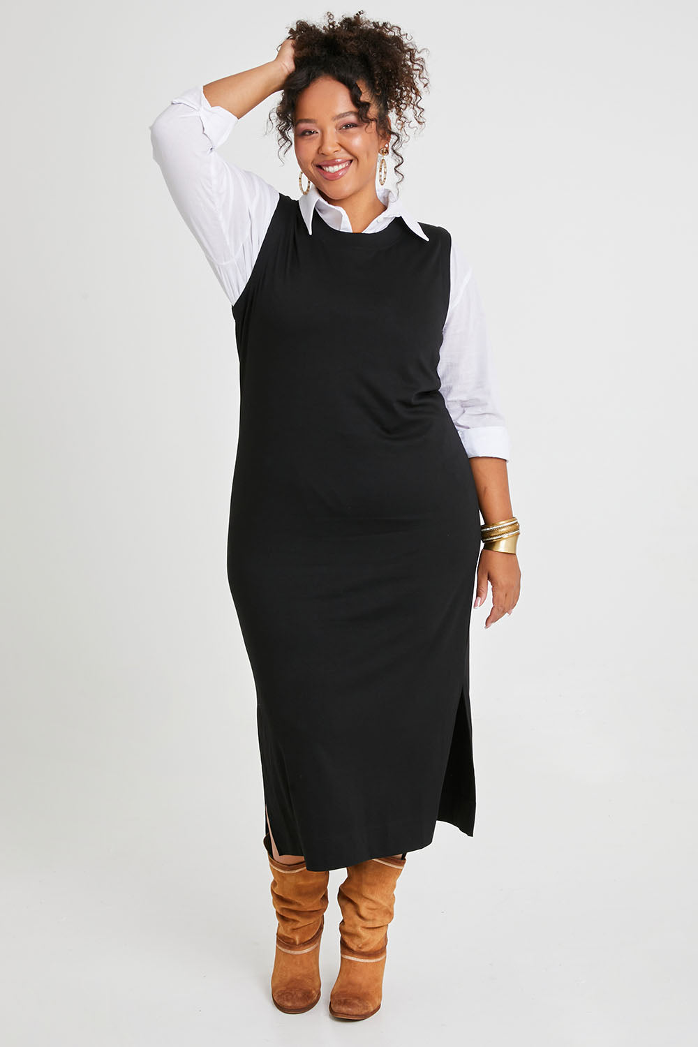 Model Alexis wearing size 16 of the Ready For Anything Tank Dress in colour Black (Black), from the front, showing the whole outfit