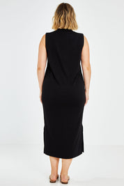 Model Jess wearing size 14 of the Ready For Anything Tank Dress in colour Black (Black), from the back