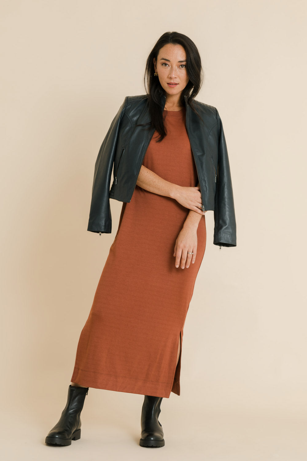 Model Katie wearing size 10 of the Ready For Anything Tank Dress in colour Ochre, from the front, showing the whole outfit