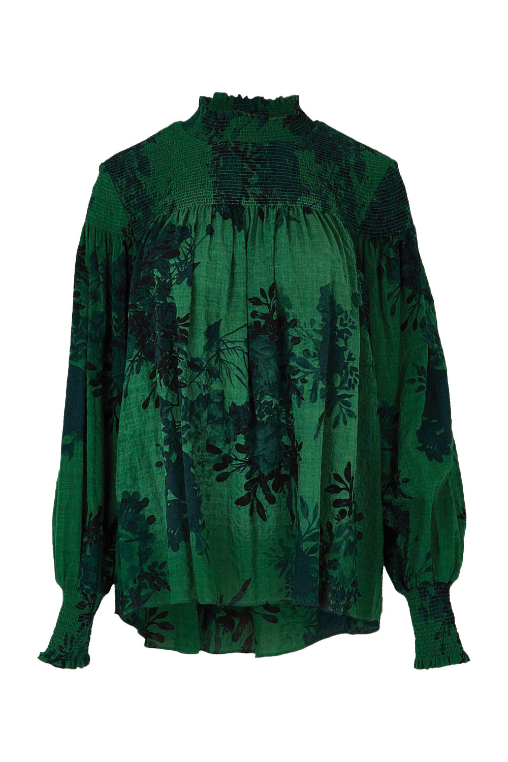 Product shot of the Romance In The Air Blouse in colour Emerald (Green), from the front