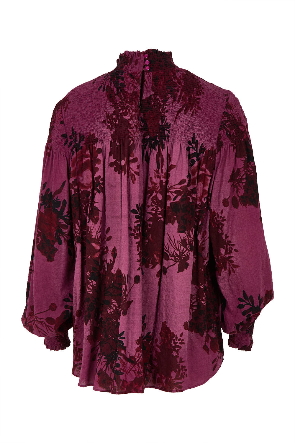 Product shot of the Romance In The Air Blouse in colour Shiraz (Purple), from the back