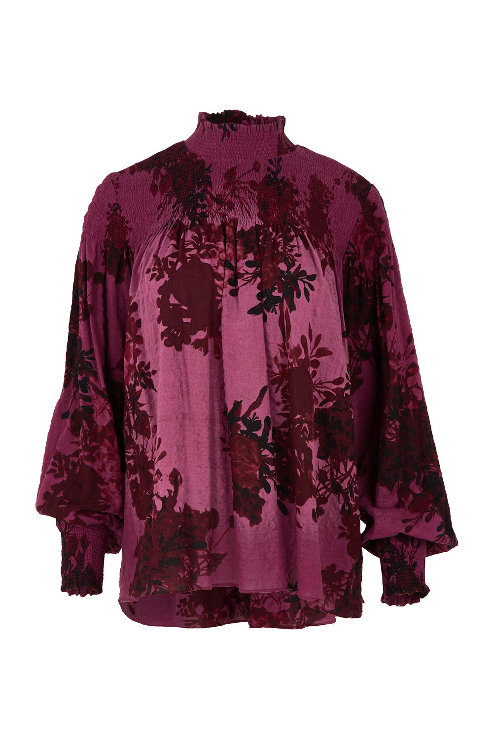 Product shot of the Romance In The Air Blouse in colour Shiraz (Purple), from the front