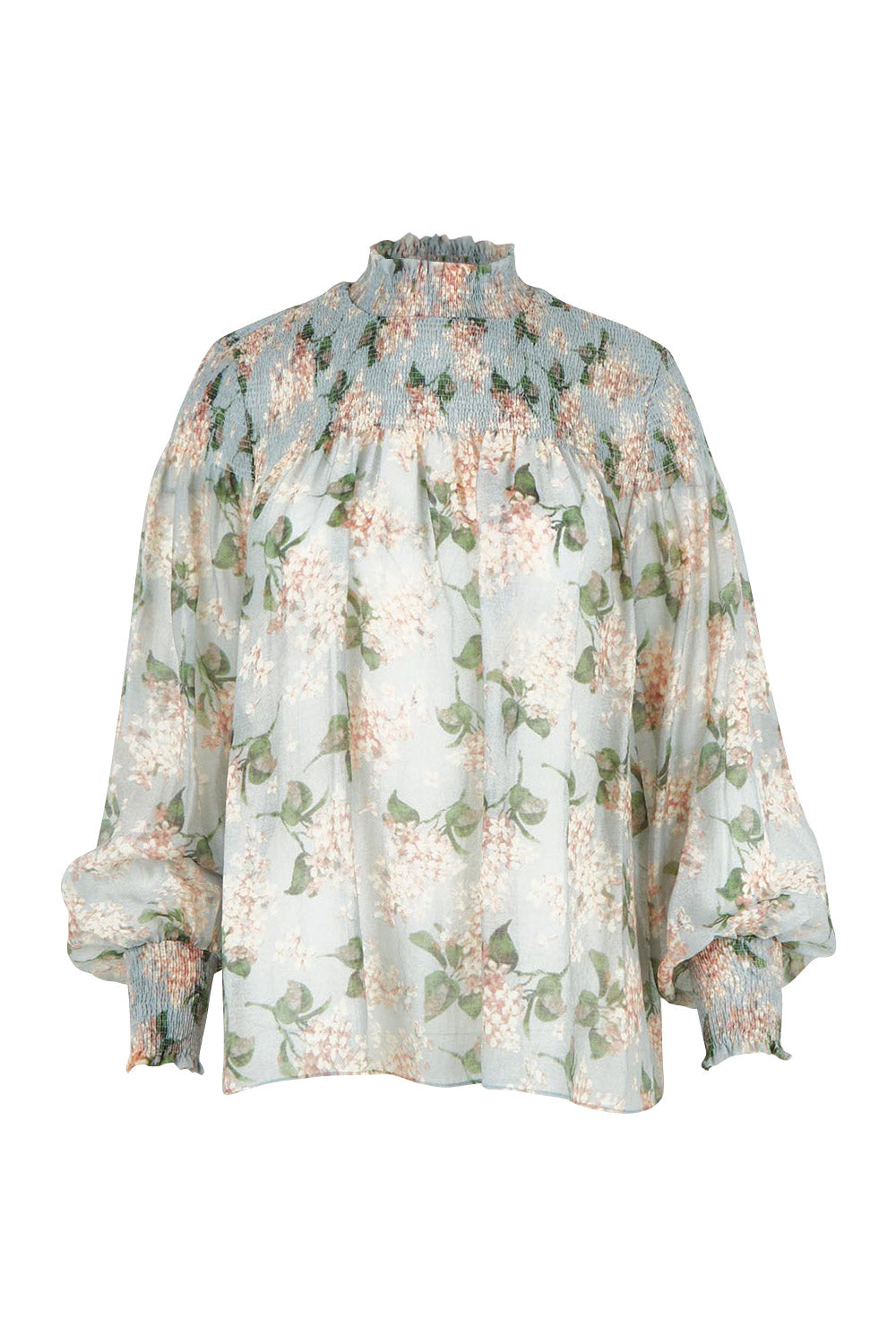 Product shot of the Romance In The Air Blouse in colour Skyfleur (Blue), from the front