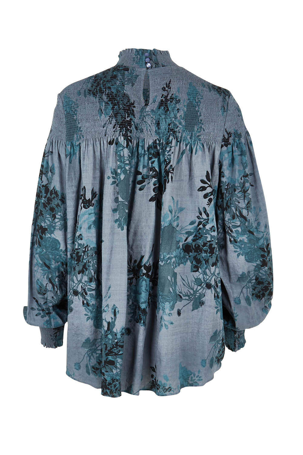 Product shot of the Romance In The Air Blouse in colour Smoke (Grey), from the back