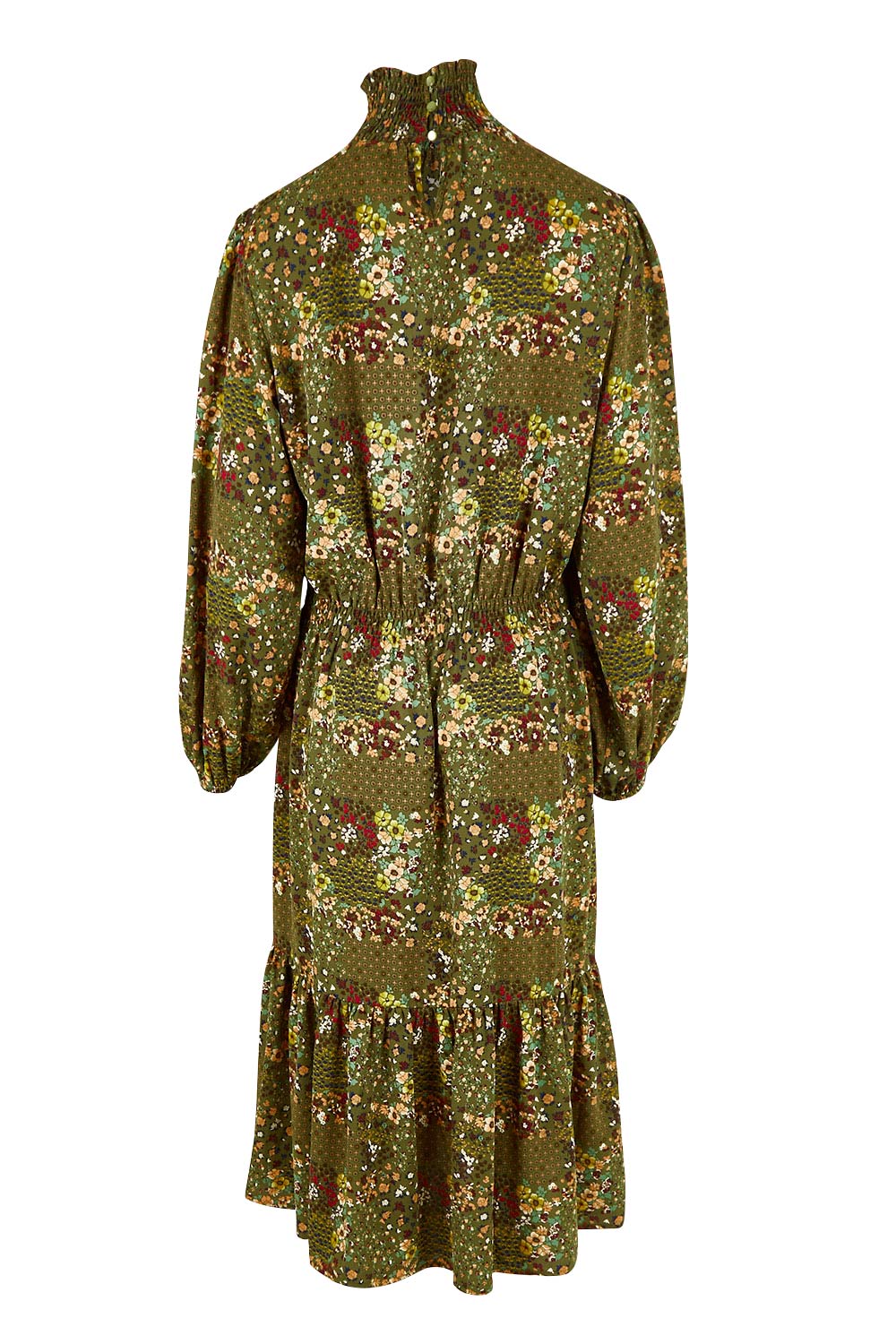 Product shot of the Teatime And Flowers Dress in colour Forest (Green), from the back