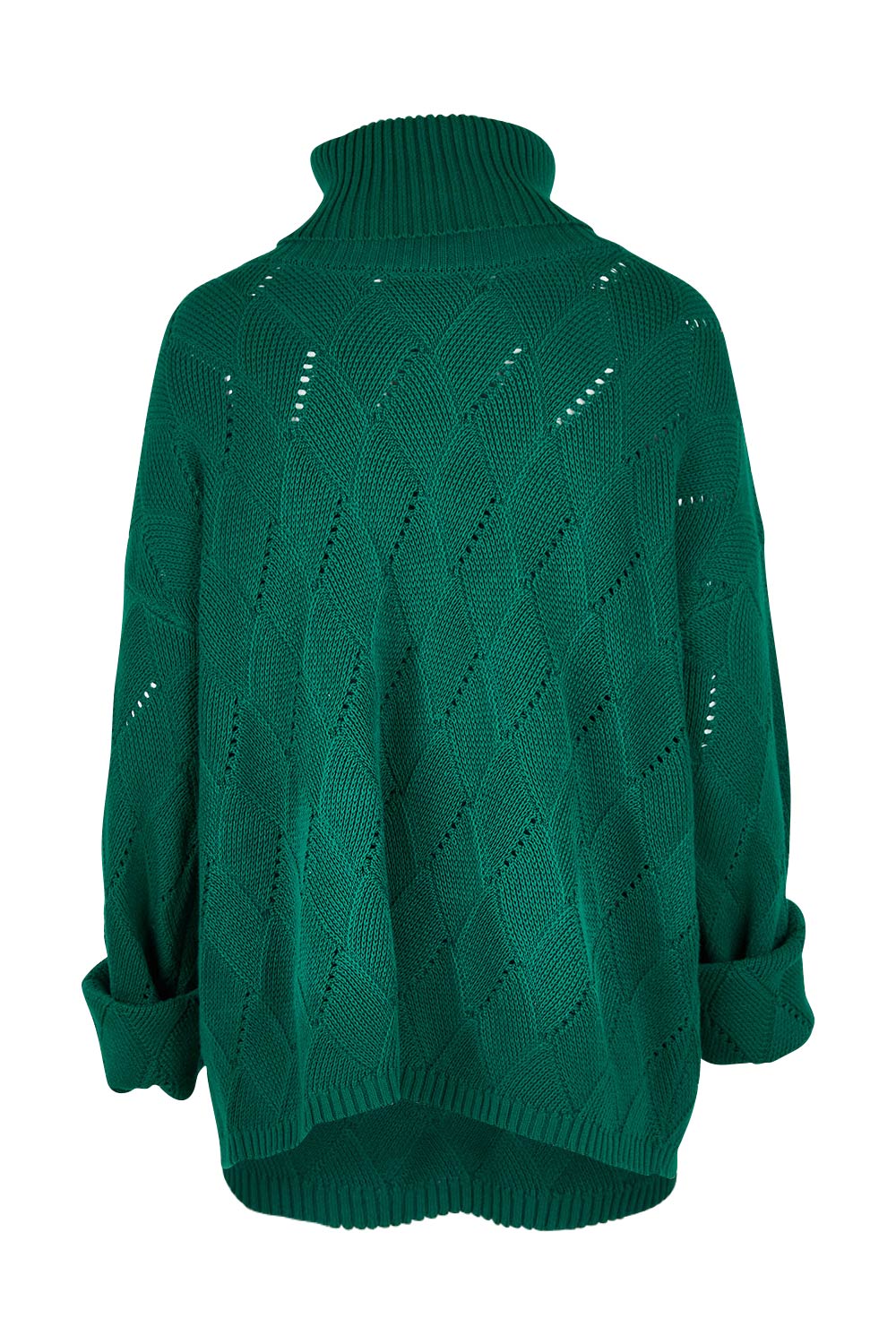 Product shot of the Cross My Heart Stitch Sweater in colour Jade (Green), from the back