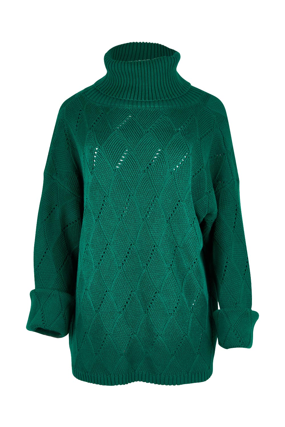 Product shot of the Cross My Heart Stitch Sweater in colour Jade (Green), from the front
