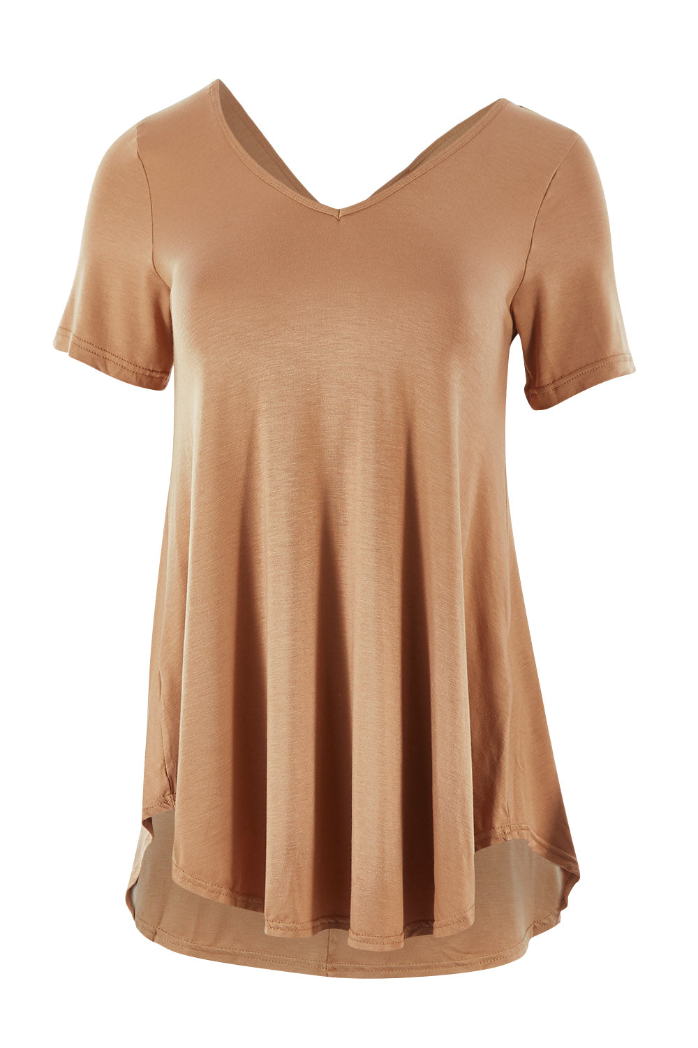 Product shot of the Softly Swinging Bamboo Tee in colour Camel, from the front