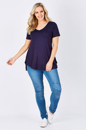 Model Jess wearing size 12 of the Softly Swinging Bamboo Tee in colour Navy (Blue), from the front, showing the whole outfit