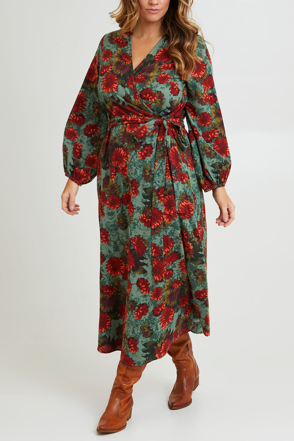 Model Laura wearing size 14 of the Wrap Me Up In Cotton Maxi Dress in colour Greenfleur (Green), from the front, cropped image