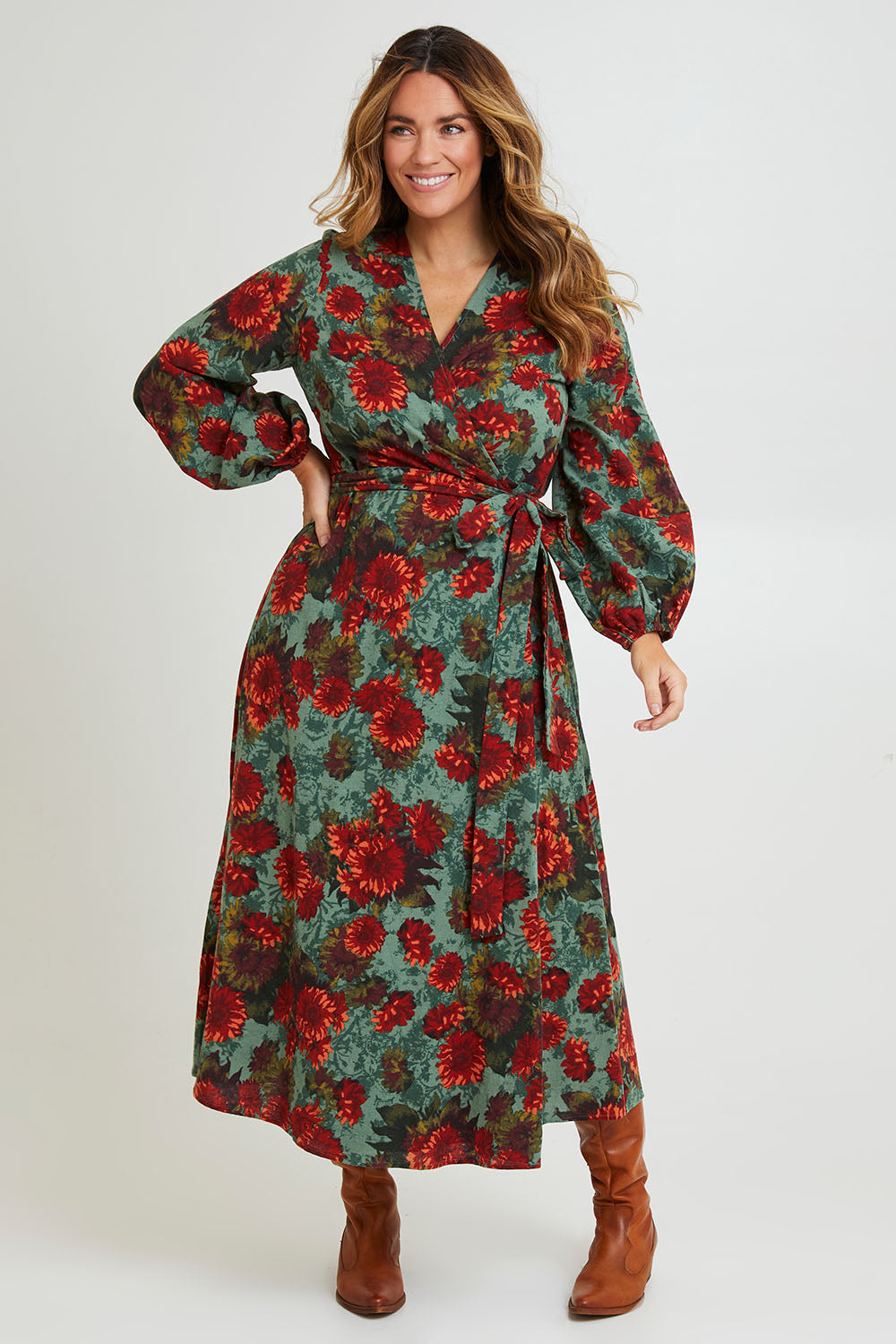 Model Laura wearing size 14 of the Wrap Me Up In Cotton Maxi Dress in colour Greenfleur (Green), from the front, showing the whole outfit