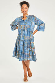 Model Noli wearing size 14 of the Floating Through The Day Midi Dress in colour Patch (Blue), from the front, showing the whole outfit