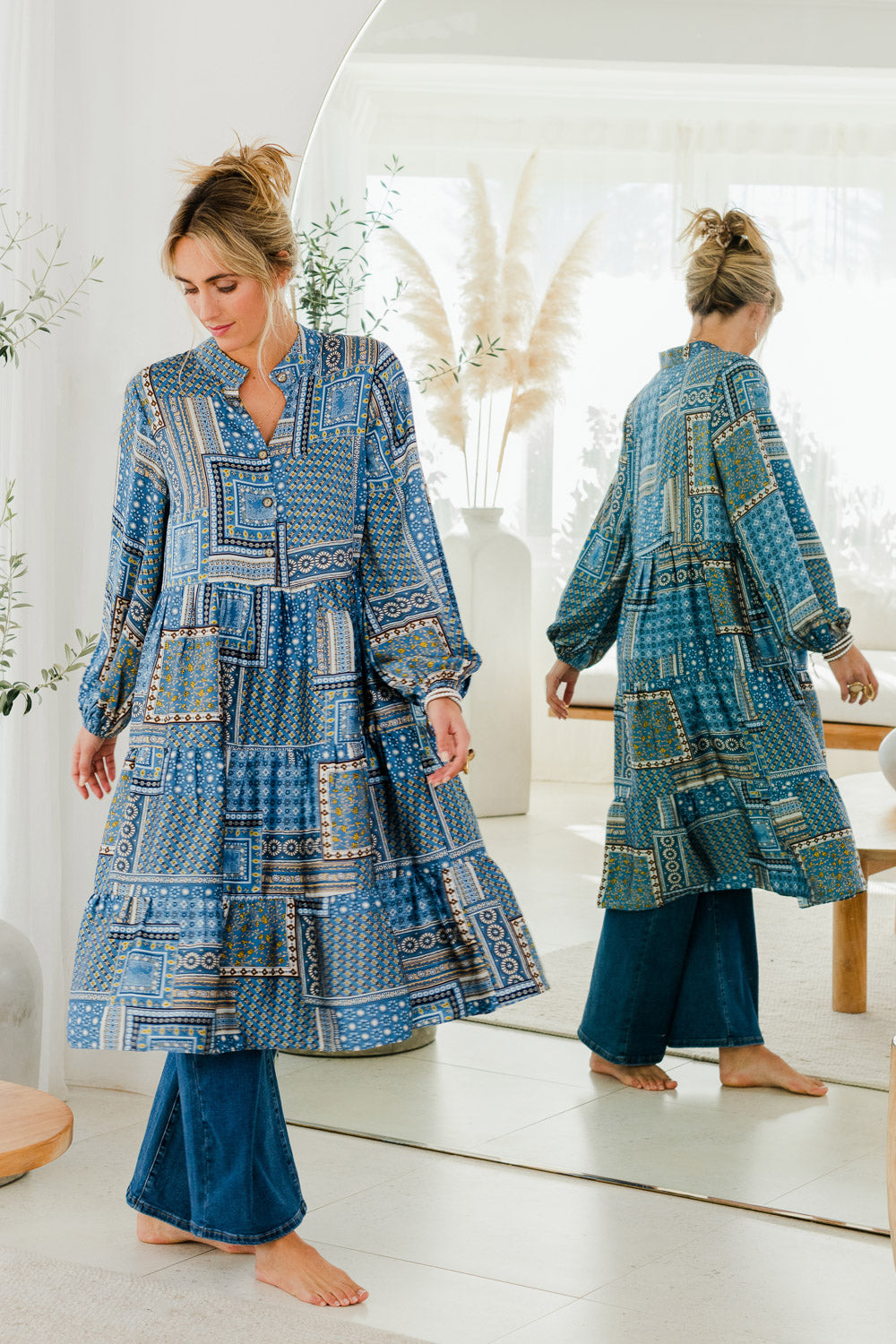Model Tegan wearing size 10 of the Floating Through The Day Midi Dress in colour Patch (Blue), from the front, showing the whole outfit