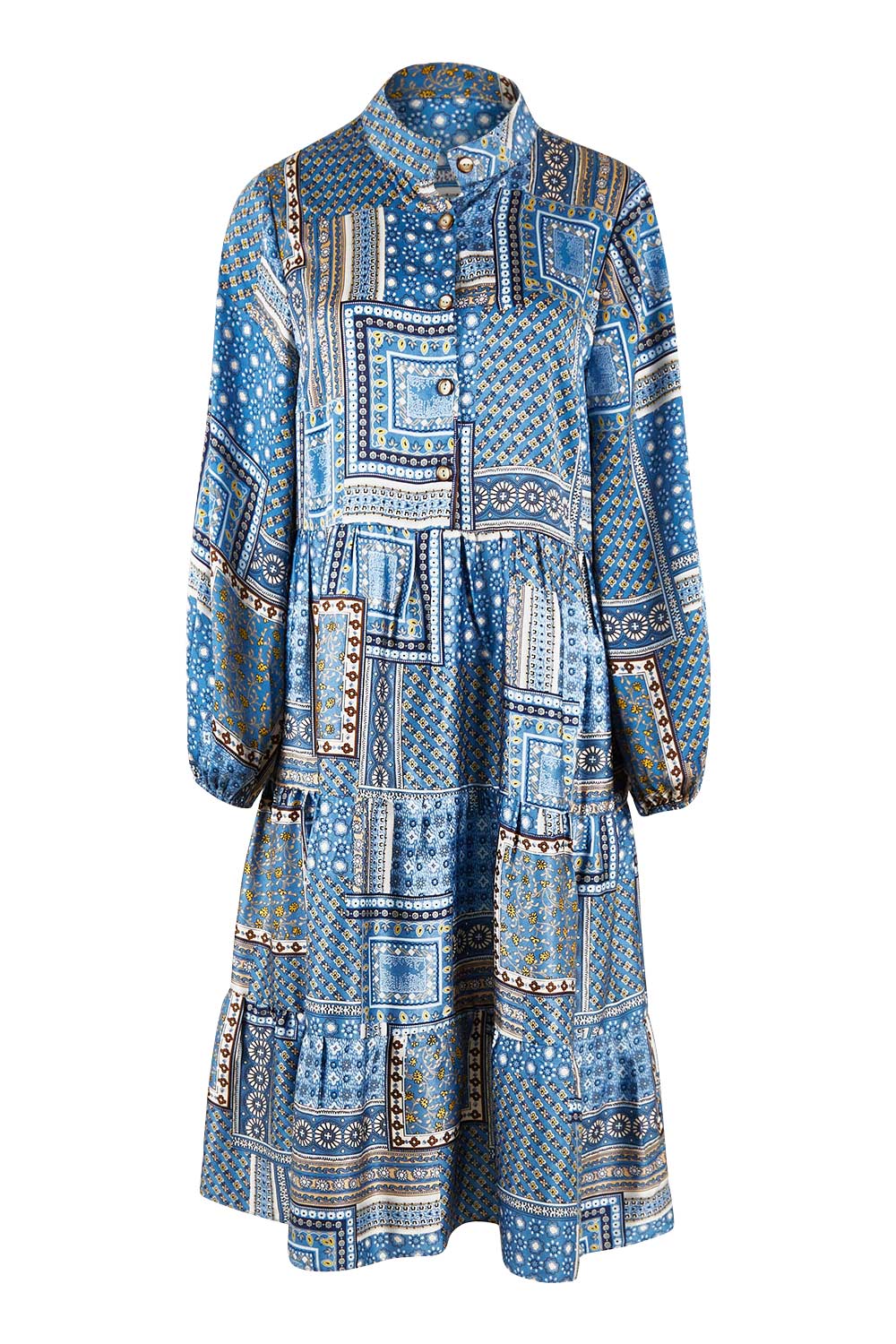 Product shot of the Floating Through The Day Midi Dress in colour Patch (Blue), from the front