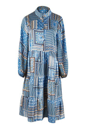 Product shot of the Floating Through The Day Midi Dress in colour Patch (Blue), from the front