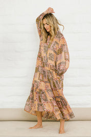 Model Tegan wearing size 10 of the Not A Patch On You Dress in colour Muskpatch (Pink), from the front, showing the whole outfit