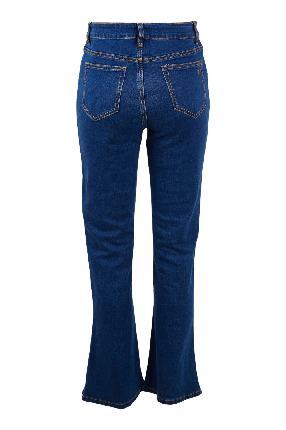 Product shot of the Shaking My Tail Feather Flared Jeans in colour Indigo (Blue), from the back