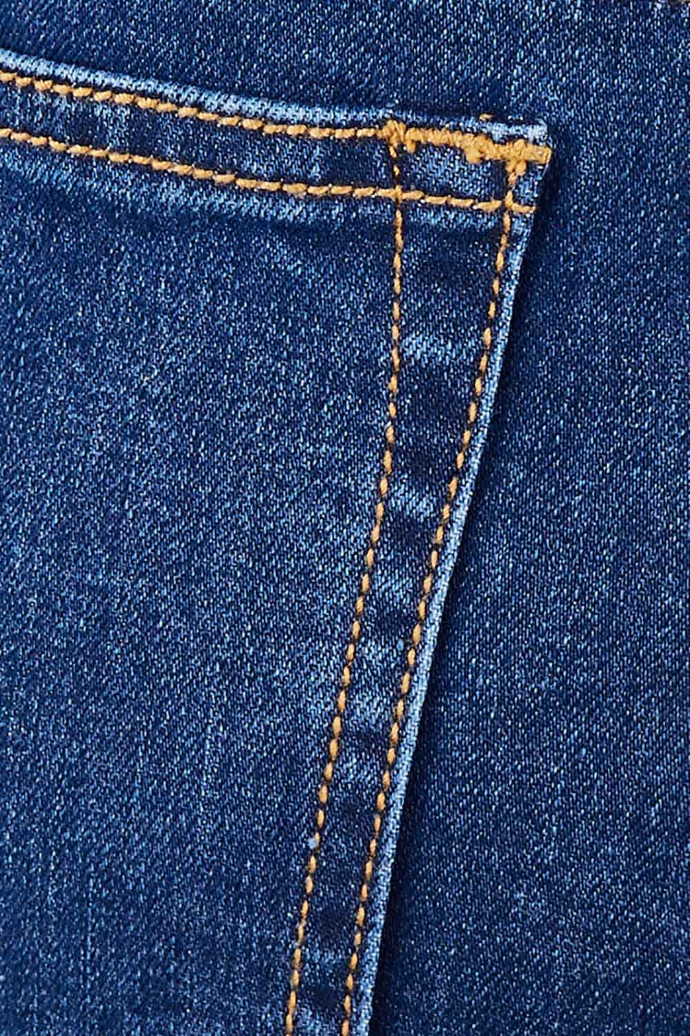 Product shot of the Shaking My Tail Feather Flared Jeans in colour Indigo (Blue), detail