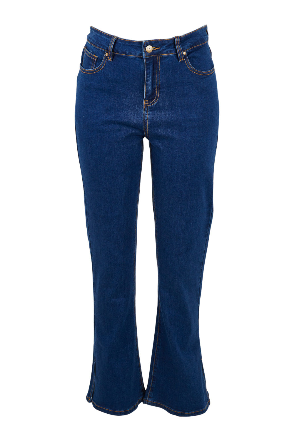 Product shot of the Shaking My Tail Feather Flared Jeans in colour Indigo (Blue), from the front