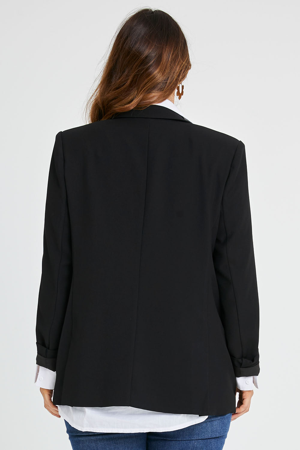 Model Laura wearing size 14 of the All For Love Blazer in colour Black (Black), from the back