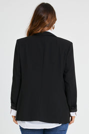 Model Laura wearing size 14 of the All For Love Blazer in colour Black (Black), from the back