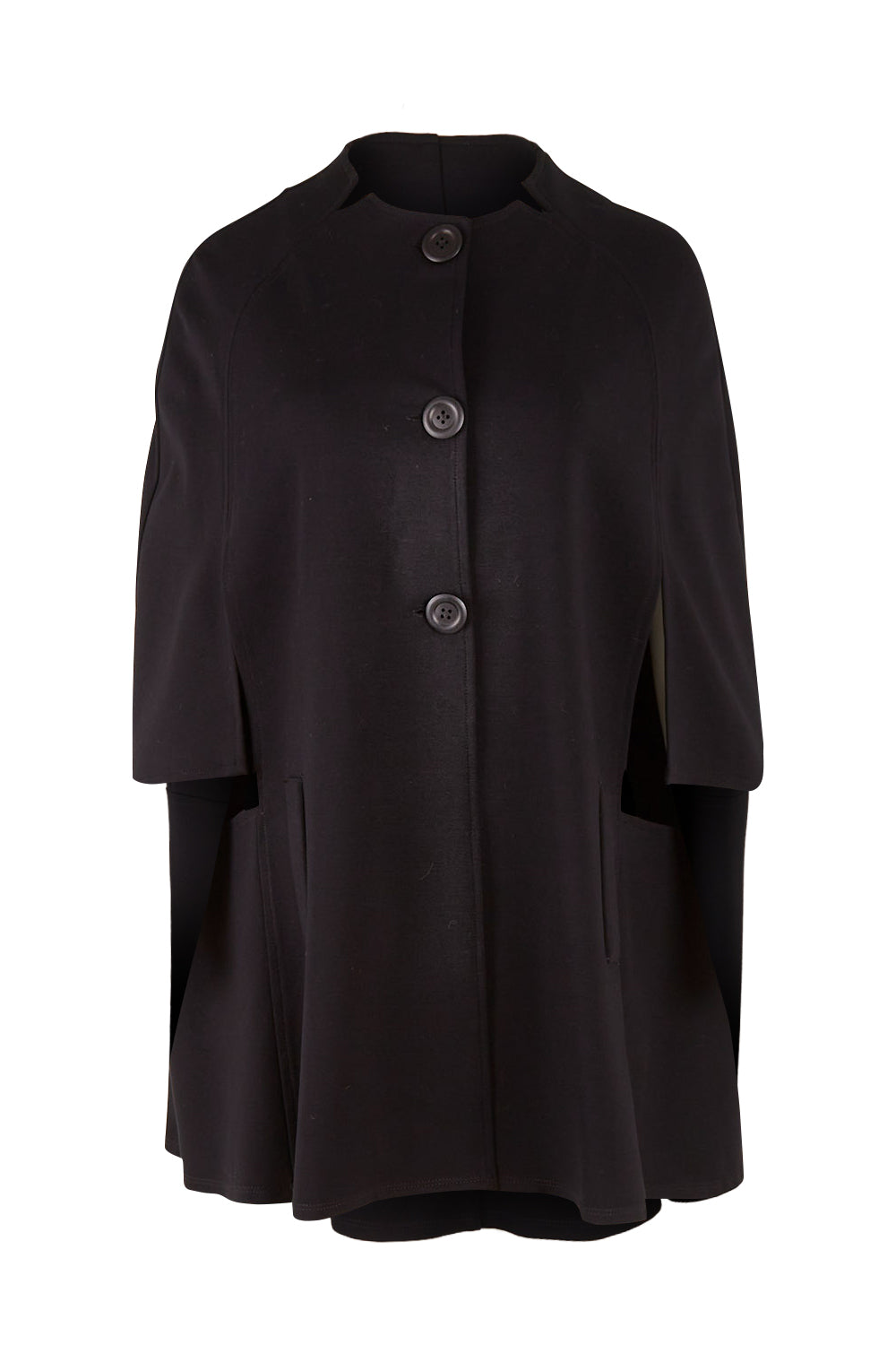 Product shot of the Sherlock And I Ponte Cape in colour Black (Black), from the front
