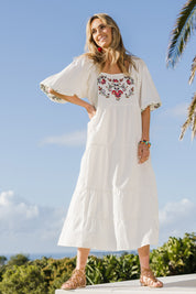 Model Tegan wearing size 10 of the Picnic In The Fields Embroidered Dress in colour Milk (White), from the front, showing the whole outfit
